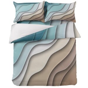 4 Pieces Duvet Cover Bedding Set Cal King Ultra Soft Quilted Luxury Washed Comforter Bedspread Bed Sheet Pillowcases Modern Teal Bule Brown Gradient for Bedroom Decor Geometric Abstract Beach