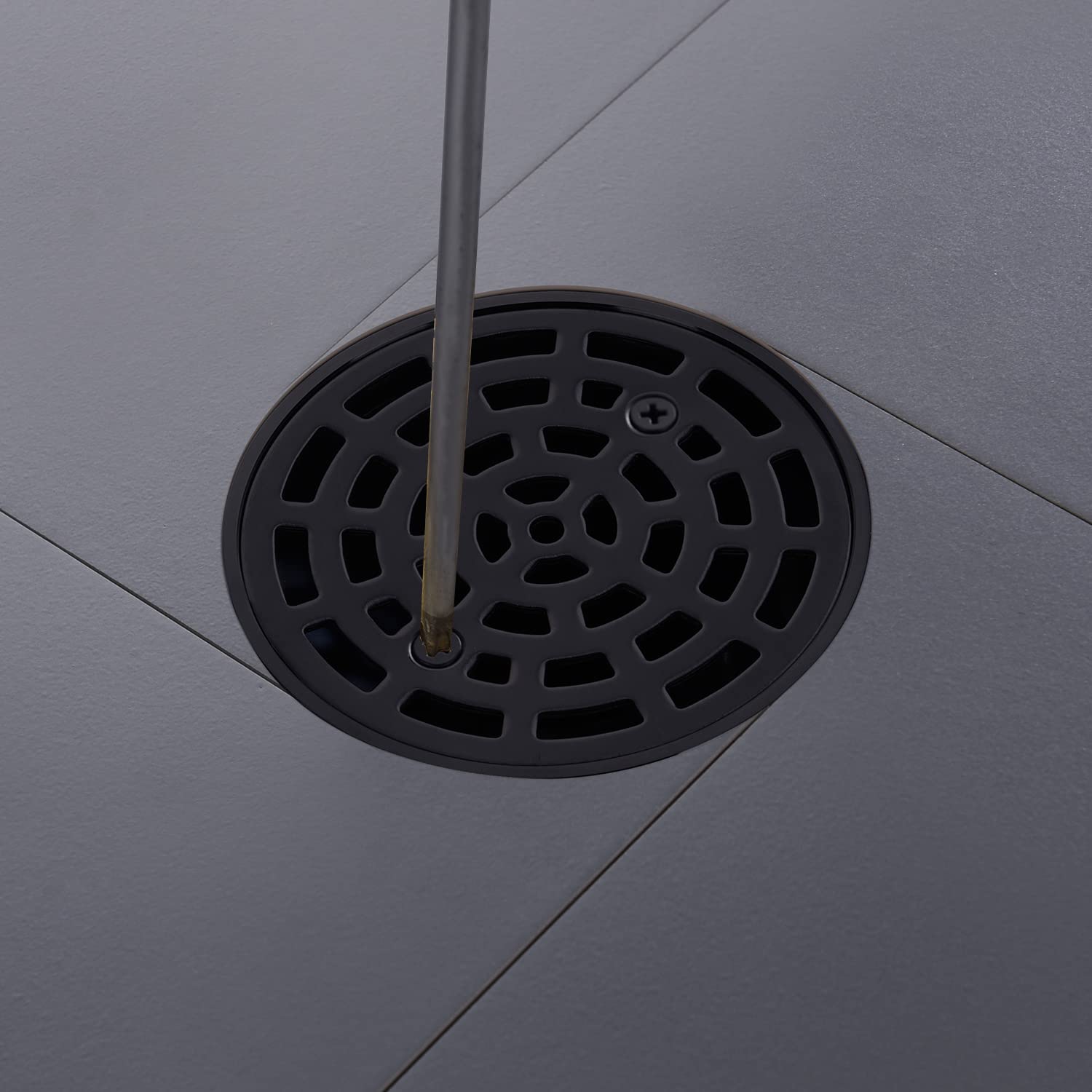 DEOKXZ 4 1/4" Shower Drain Round Black, Removable Grille Strainer Screws in Drain Cover, Base with Adjustable Drain Flange Kit PVC, SUS304 Stainless Steel