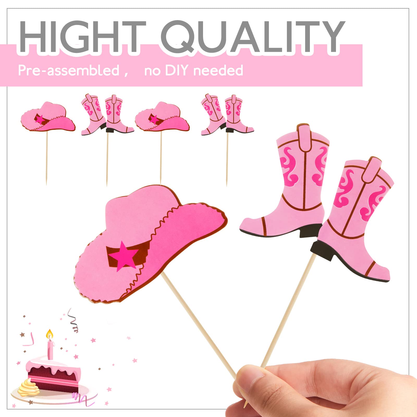 60 Pieces Cowboy or Cowgirl Hat and Boot Cupcake Toppers Western Birthday Cake Decorations Rodeo Cupcake Picks Baby Shower Toothpicks for Western Theme Party Favors Supplies (Pink)