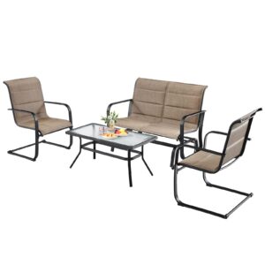 tangkula 4 pieces outdoor furniture set, patio conversation set with coffee table, 2-person swing glider loveseat and 2 spring motion dining chairs, sectional sofa set with cotton padded (brown)