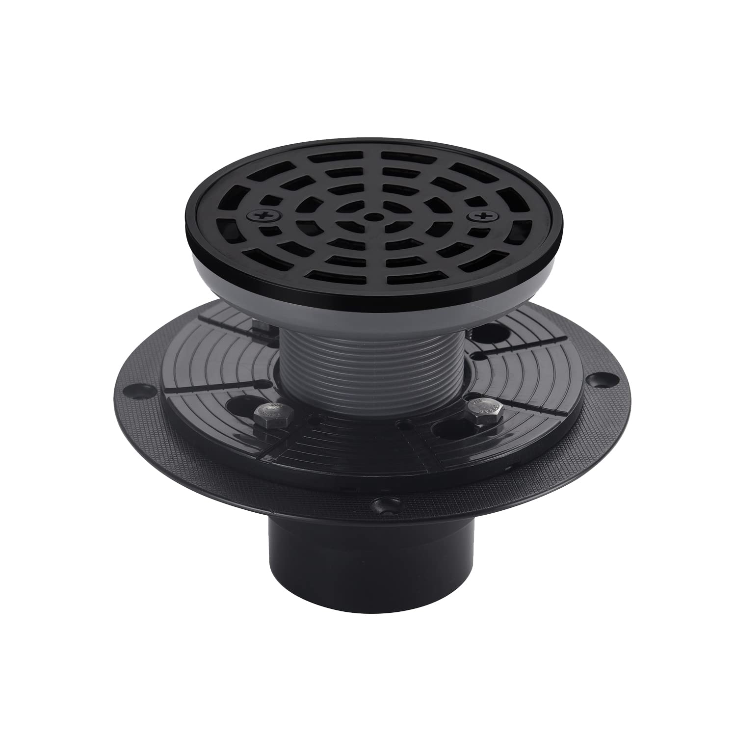 DEOKXZ 4 1/4" Shower Drain Round Black, Removable Grille Strainer Screws in Drain Cover, Base with Adjustable Drain Flange Kit PVC, SUS304 Stainless Steel