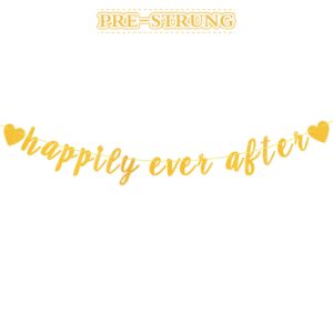 lingteer happily ever after gold glitter bunting banner - cheers to wedding anniversary bride to be engagement party backdrop decorations.[pre - strung]