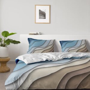 4 Pieces Duvet Cover Bedding Set Cal King Ultra Soft Quilted Luxury Washed Comforter Bedspread Bed Sheet Pillowcases Modern Bule Brown Wave Gradient for Bedroom Decor Geometric Abstract Art