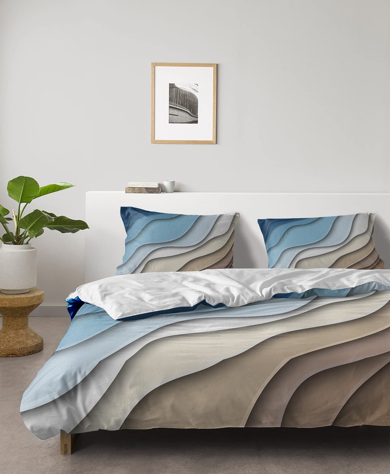 4 Pieces Duvet Cover Bedding Set Cal King Ultra Soft Quilted Luxury Washed Comforter Bedspread Bed Sheet Pillowcases Modern Bule Brown Wave Gradient for Bedroom Decor Geometric Abstract Art