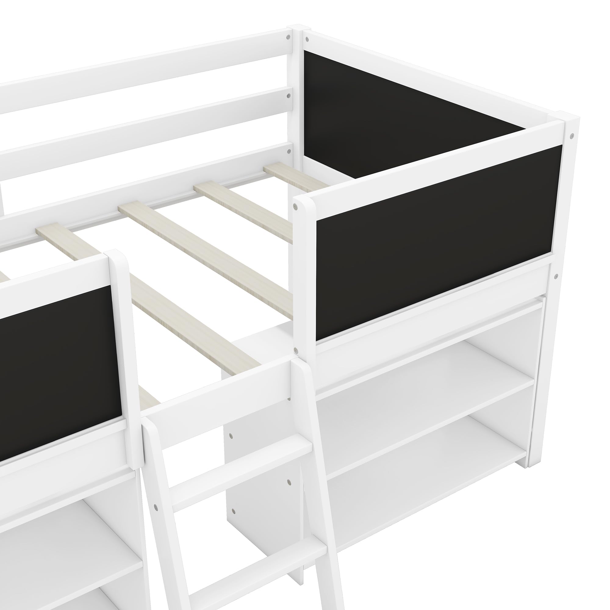 Harper & Bright Designs Kids Loft Bed with Movable Shelves, Wood Low Twin Size Loft Bed Frame with Decorative Guardrail Chalkboard, Storage, Ladder, for Girls Boys, White