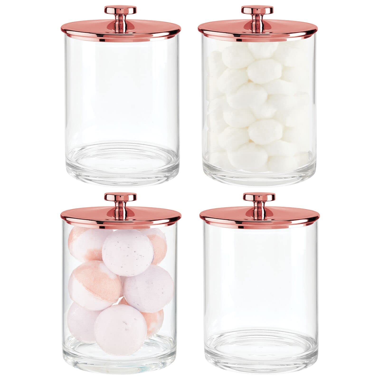 mDesign Large Modern Apothecary Storage Organizer Canister Jars - Plastic Containers for Bathroom, Organization Holder for Vanity, Counter, Makeup Tables, Lumiere Collection, 4 Pack, Clear/Rose Gold