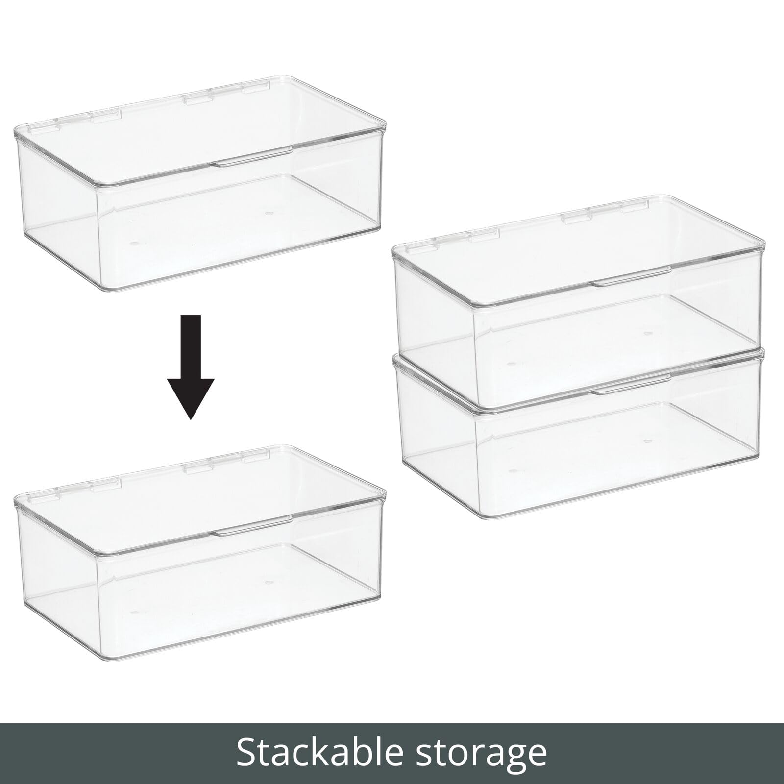 mDesign Plastic Bathroom Stackable Storage Box with Hinged Lid for Vanity/Countertop - Holds Soap, Body Wash, Shampoo, Lotion, Conditioner, Towels, Accessories, Body Spray, Mouthwash - 4 Pack - Clear