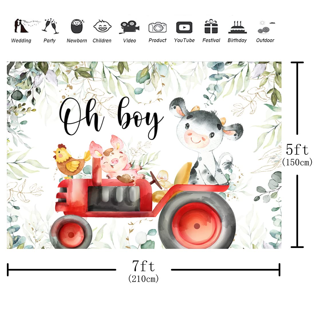 Aperturee Holy Cow Baby Shower Backdrop 7x5ft Greenery Farm Animals Tractor Oh Boy Eucalyptus Leaves Photography Background It's A Boy Party Decorations Photo Shoot Booth Props Banners