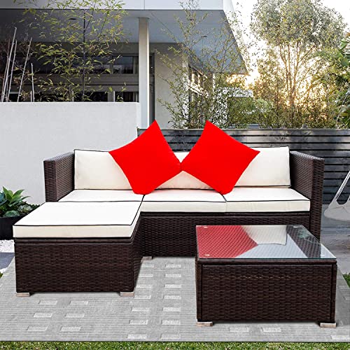 GAOPAN 3 Piece Outdoor Patio Conversation Sectional Couches Furniture Set, Rattan Wicker Garden Corner Sofas with Tempered Glass Top Coffee Table and Removable Soft Cushion, Beige+Brown