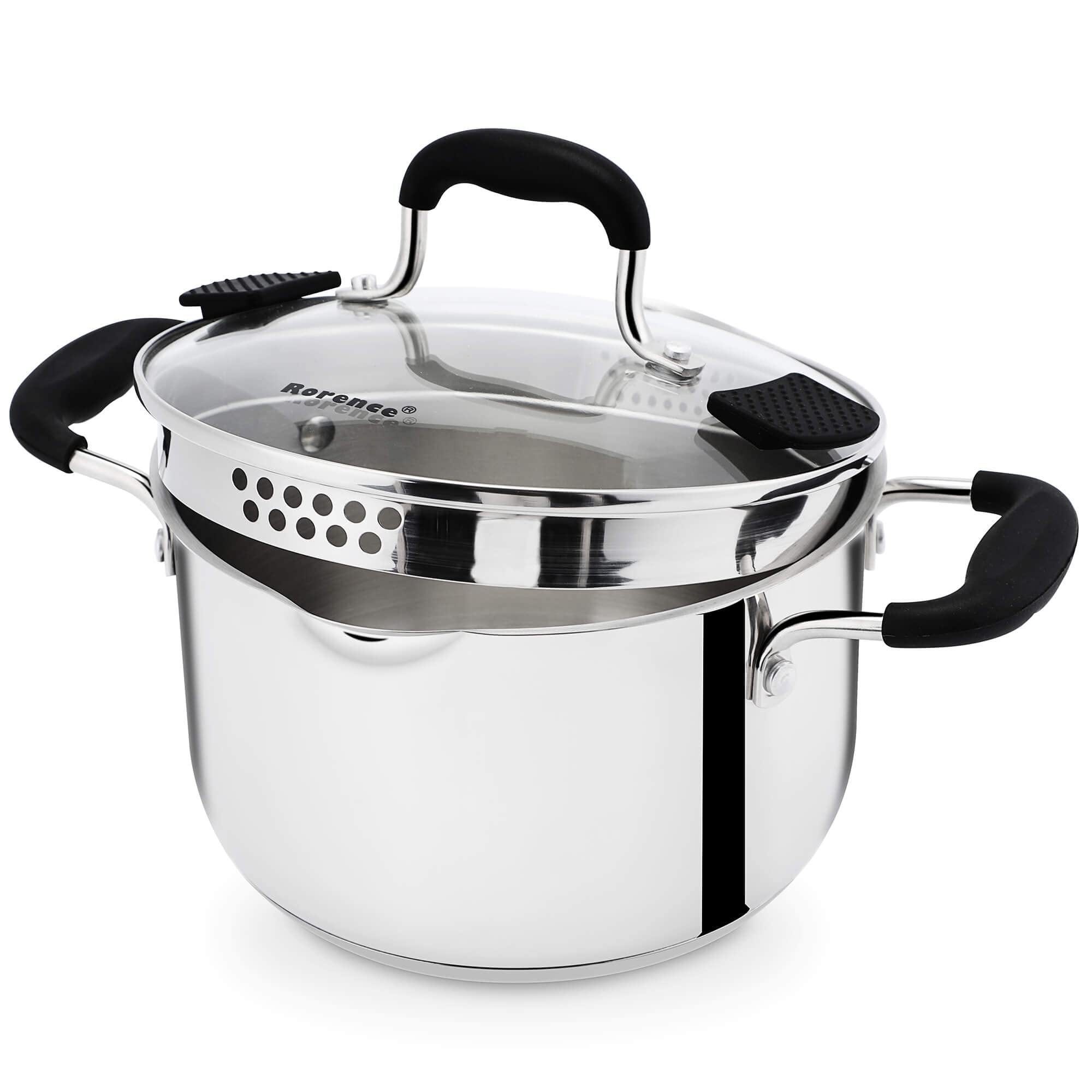 Rorence Stainless Steel Stock Pot with Pour Spout & Silicone Handles & Glass Lid with Strainer - 3.7 Quart