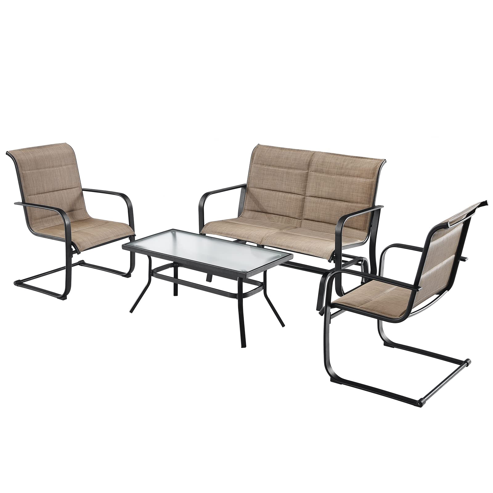 Tangkula 4 Pieces Outdoor Furniture Set, Patio Conversation Set with Coffee Table, 2-Person Swing Glider Loveseat and 2 Spring Motion Dining Chairs, Sectional Sofa Set with Cotton Padded (Brown)