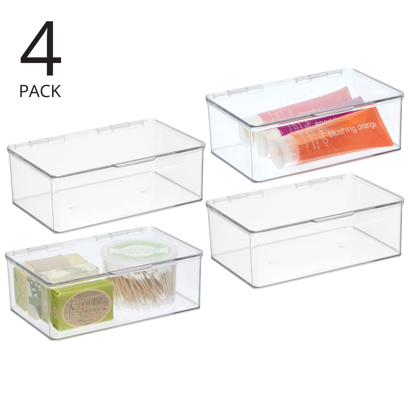 mDesign Plastic Bathroom Stackable Storage Box with Hinged Lid for Vanity/Countertop - Holds Soap, Body Wash, Shampoo, Lotion, Conditioner, Towels, Accessories, Body Spray, Mouthwash - 4 Pack - Clear