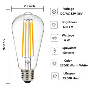 12V Edison Bulb 60 watt Equivalent E26 Medium Base 12V LED Light Bulb, AC/DC 12V-36V 6W Warm White 2700K Vintage Low Voltage Bulb for RV, 2 Pack