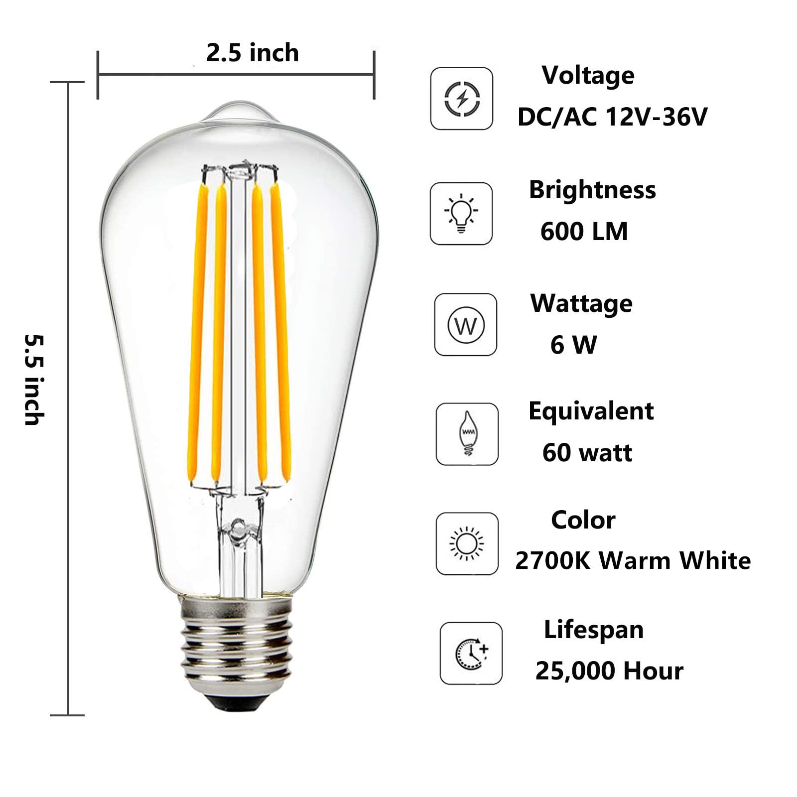 12V Edison Bulb 60 watt Equivalent E26 Medium Base 12V LED Light Bulb, AC/DC 12V-36V 6W Warm White 2700K Vintage Low Voltage Bulb for RV, 2 Pack