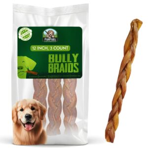 furfuel braided bully sticks for dogs, (3 count, 12 inch) natural long-lasting dog chew for large, medium & small breeds, perfect for training & sensitive stomachs