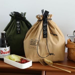 Canvas Drawstring Lunch Bag Insulated Lunch Tote Japanese Style Bento Tote Bag Reusable Lunch Bag Insulated Handbag Tote bag with Handle and Drawstring Closure for Women Work Picnic or Travel(COLOR1)