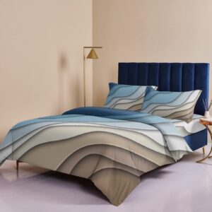 4 Pieces Duvet Cover Bedding Set Cal King Ultra Soft Quilted Luxury Washed Comforter Bedspread Bed Sheet Pillowcases Modern Bule Brown Wave Gradient for Bedroom Decor Geometric Abstract Art