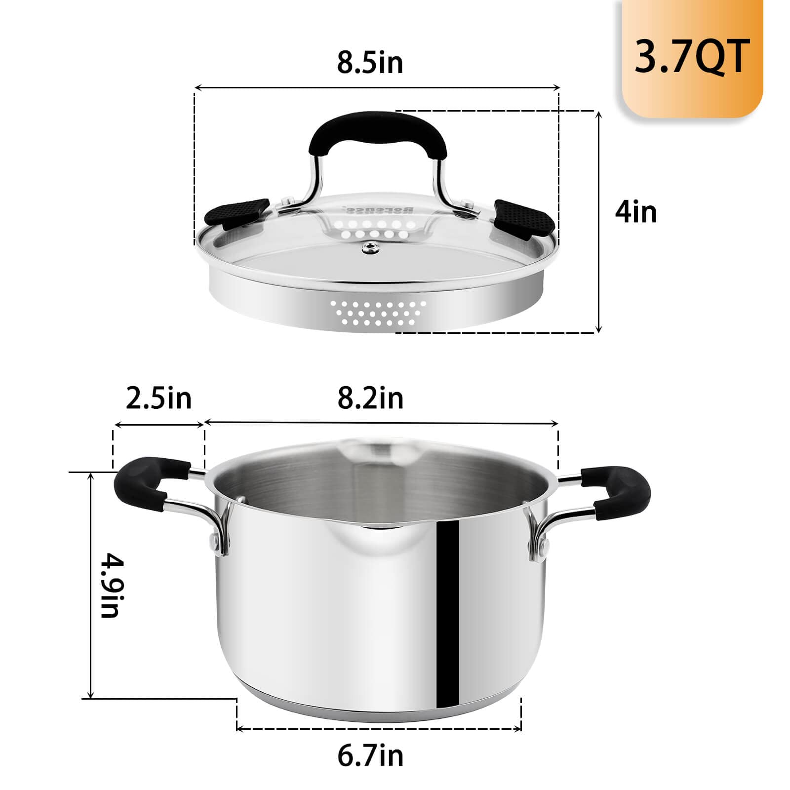 Rorence Stainless Steel Stock Pot with Pour Spout & Silicone Handles & Glass Lid with Strainer - 3.7 Quart