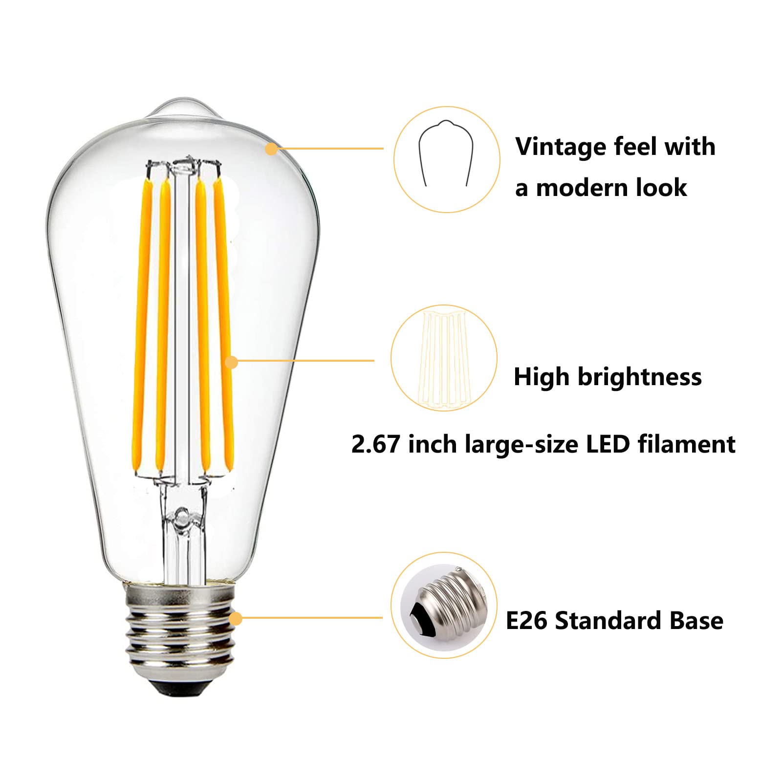 12V Edison Bulb 60 watt Equivalent E26 Medium Base 12V LED Light Bulb, AC/DC 12V-36V 6W Warm White 2700K Vintage Low Voltage Bulb for RV, 2 Pack