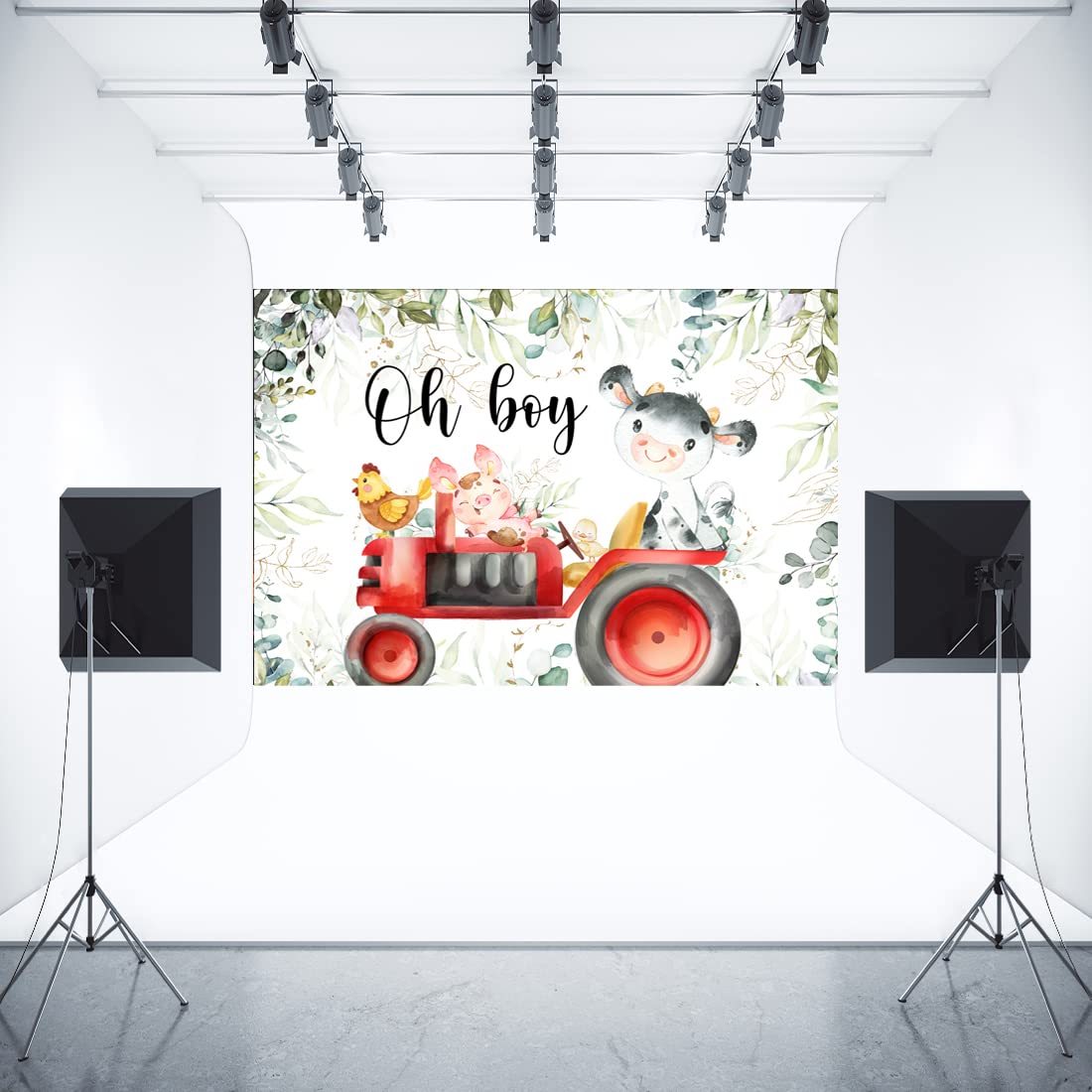 Aperturee Holy Cow Baby Shower Backdrop 7x5ft Greenery Farm Animals Tractor Oh Boy Eucalyptus Leaves Photography Background It's A Boy Party Decorations Photo Shoot Booth Props Banners