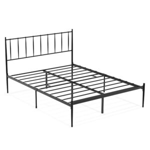 amyove queen size platform bed with metal headboard, bed frame mattress foundation with slat support and 12.3" storage height no box spring needed (black + metal, queen)