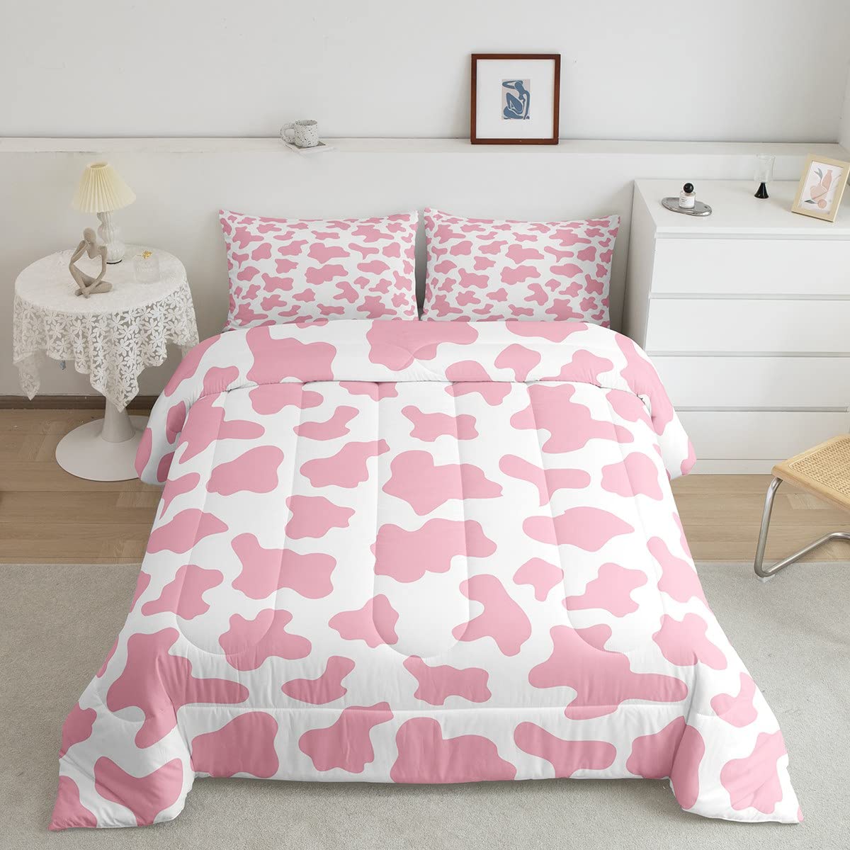 Kid Cartoon Bedding Set Pink Cow Print Duvet Insert Twin,Milk Cow Animal Cowhide Comforter Set Farm Animals Quilted Duvet for Toddler Teen Boys Girls Farmhouse Bull Cattle Kawaii Room Decor