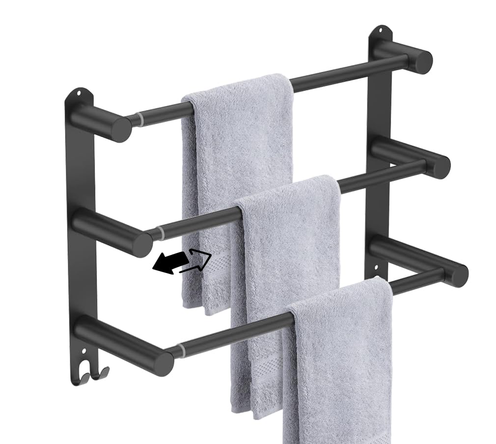 3-Tier Adjustable Ladder Bath Towel Bar 16 to 27.6 Inch,ZUEXT Oil Rubbed Black Stainless Steel Towel Holder, Wall Mounted Stair Towel Rod for Bathroom Kitchen,Strechable Towel Rail Racks w/Hooks