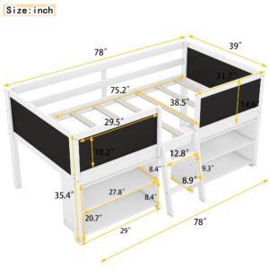 Harper & Bright Designs Kids Loft Bed with Movable Shelves, Wood Low Twin Size Loft Bed Frame with Decorative Guardrail Chalkboard, Storage, Ladder, for Girls Boys, White