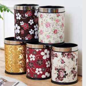 Happiness Decoration Round Garbage Bin Open Top 3.2 Gallon Trash Can for Home, Office, Kitchen, Bathroom,Bedroom, Living Room Wastebasket Waterproof Pu Leather Trash Can Decor (Pattern-D)