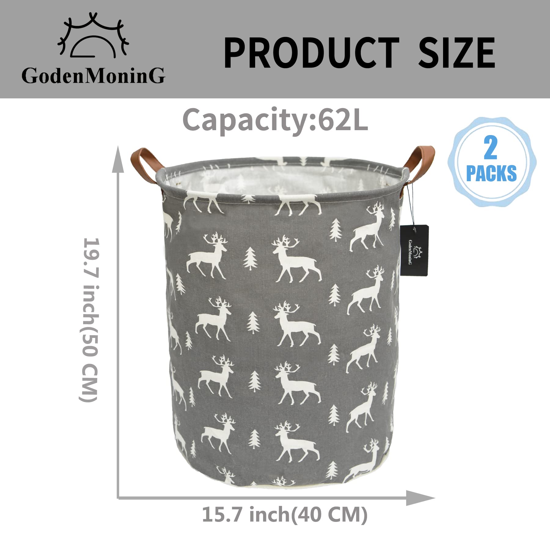 Collapsible Laundry Basket - GodenMoninG 2X 62.8L Large Sized Round Waterproof Storage Bin with Leather Handles,Home Decor,Toy Organizer,Children Nursery Hamper.（2 PACKS，Grey Deer X2）