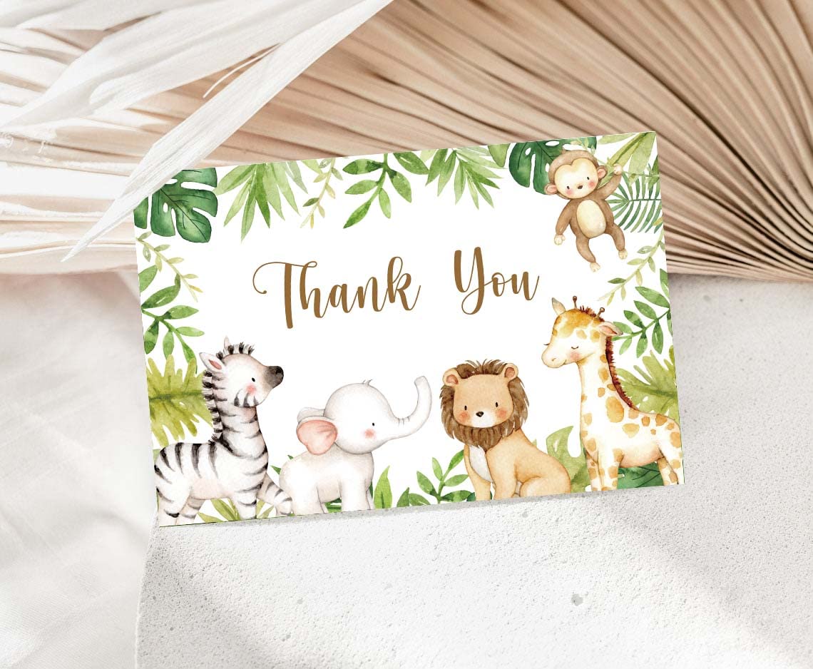 Jungle Safari Thank You Cards With Envelopes, 50 Jungle Animals Baby Shower Thank You Notes, 4 x 6 Thank You Cards Safari Baby Shower & Wild One Birthday Party