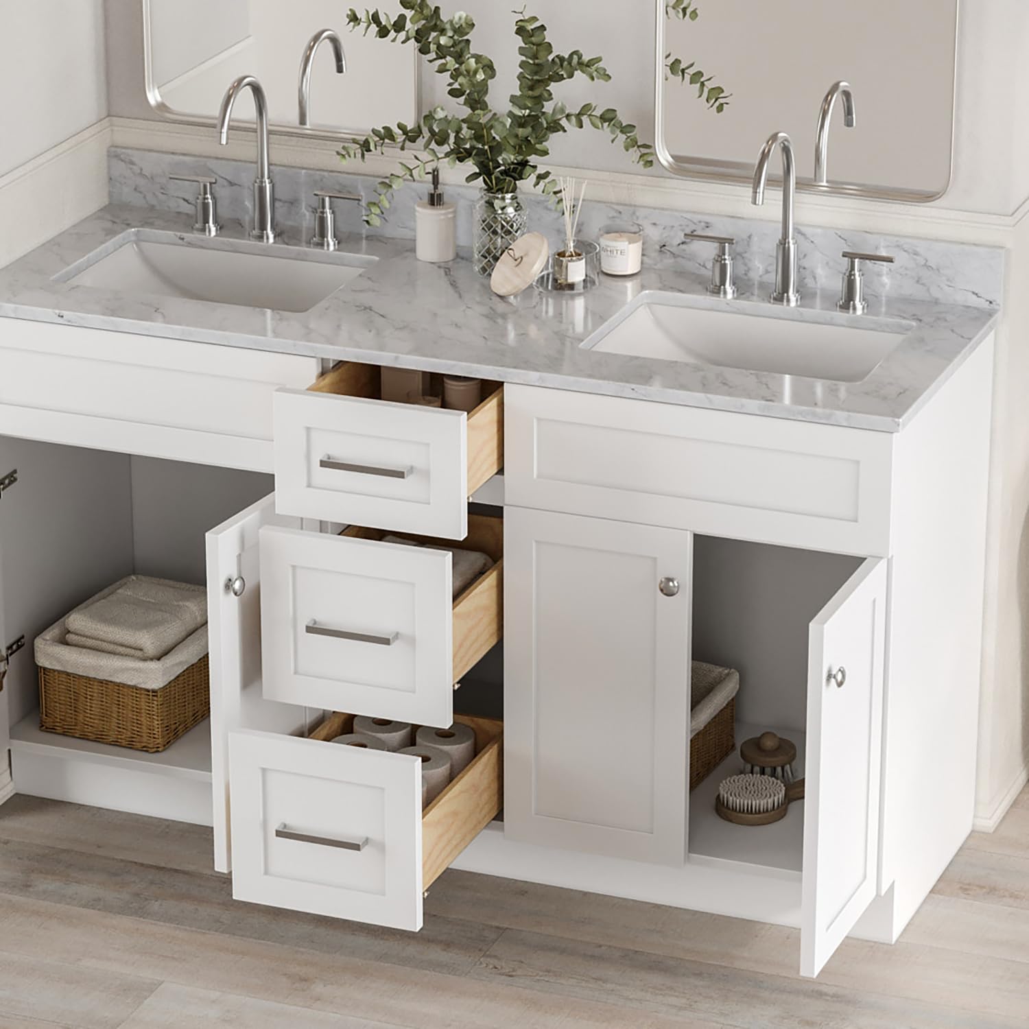 ARIEL 61" White Double Bathroom Vanity, Italian Carrara Marble Countertop & Splash, Rectangular Sink, 2 Soft Closing Doors, 3 Full Extension Dovetail Drawers, Toe Kick, Brushed Nickel