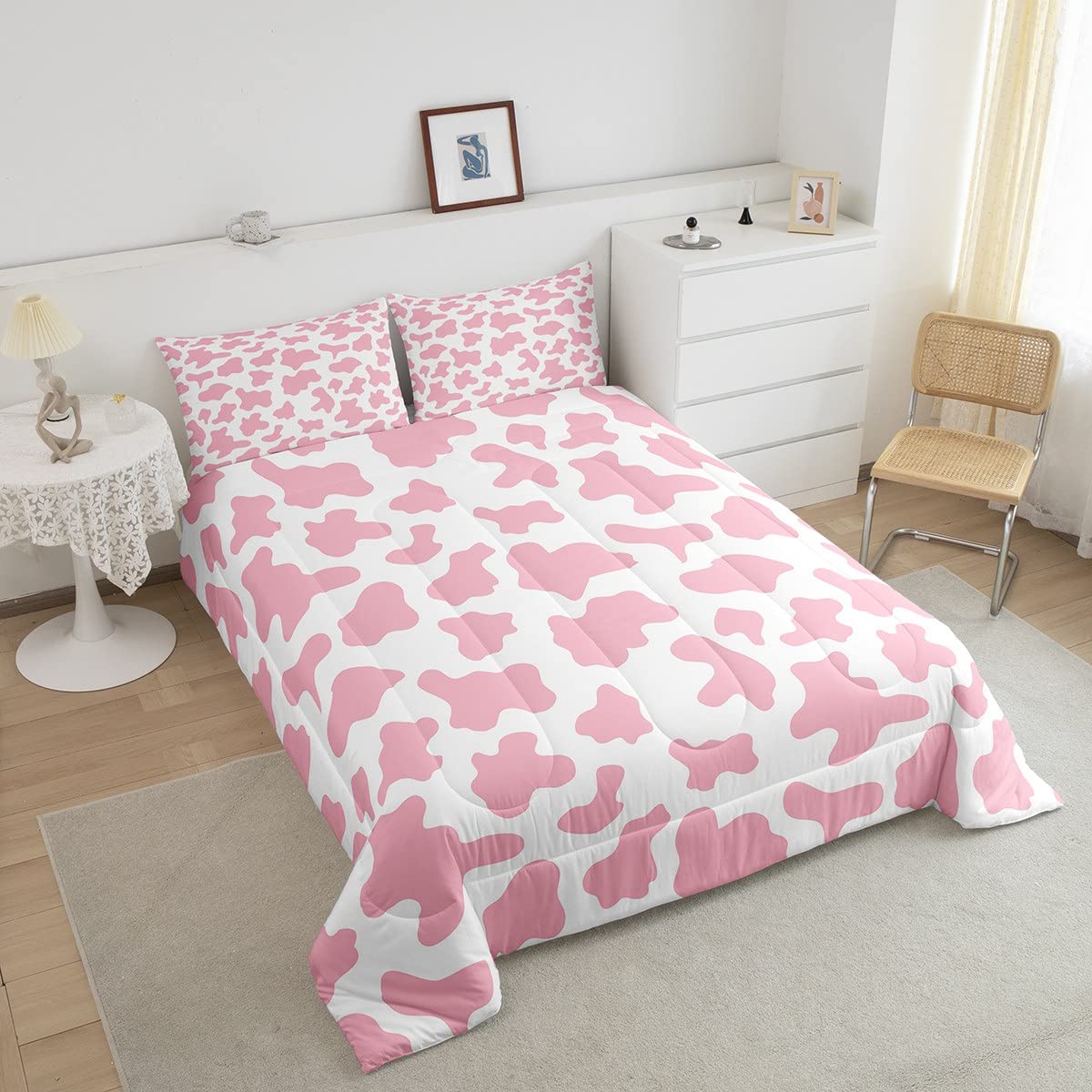 Kid Cartoon Bedding Set Pink Cow Print Duvet Insert Twin,Milk Cow Animal Cowhide Comforter Set Farm Animals Quilted Duvet for Toddler Teen Boys Girls Farmhouse Bull Cattle Kawaii Room Decor