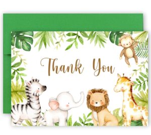 jungle safari thank you cards with envelopes, 50 jungle animals baby shower thank you notes, 4 x 6 thank you cards safari baby shower & wild one birthday party