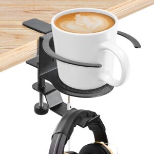 lbting desk cup holder, 2-in-1 adjustable & 360° rotating office gaming desk accessories for under desk headphone stand hanging headset, holding coffee mug, drinks, water bottle – black