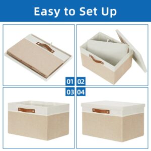 Temary Foldable Storage Bins with Lids, [2-Pack] Large Storage Baskets with Lid, Fabric Storage Bin for Organizing Home (White & Khaki, 15x11x9.5inch)