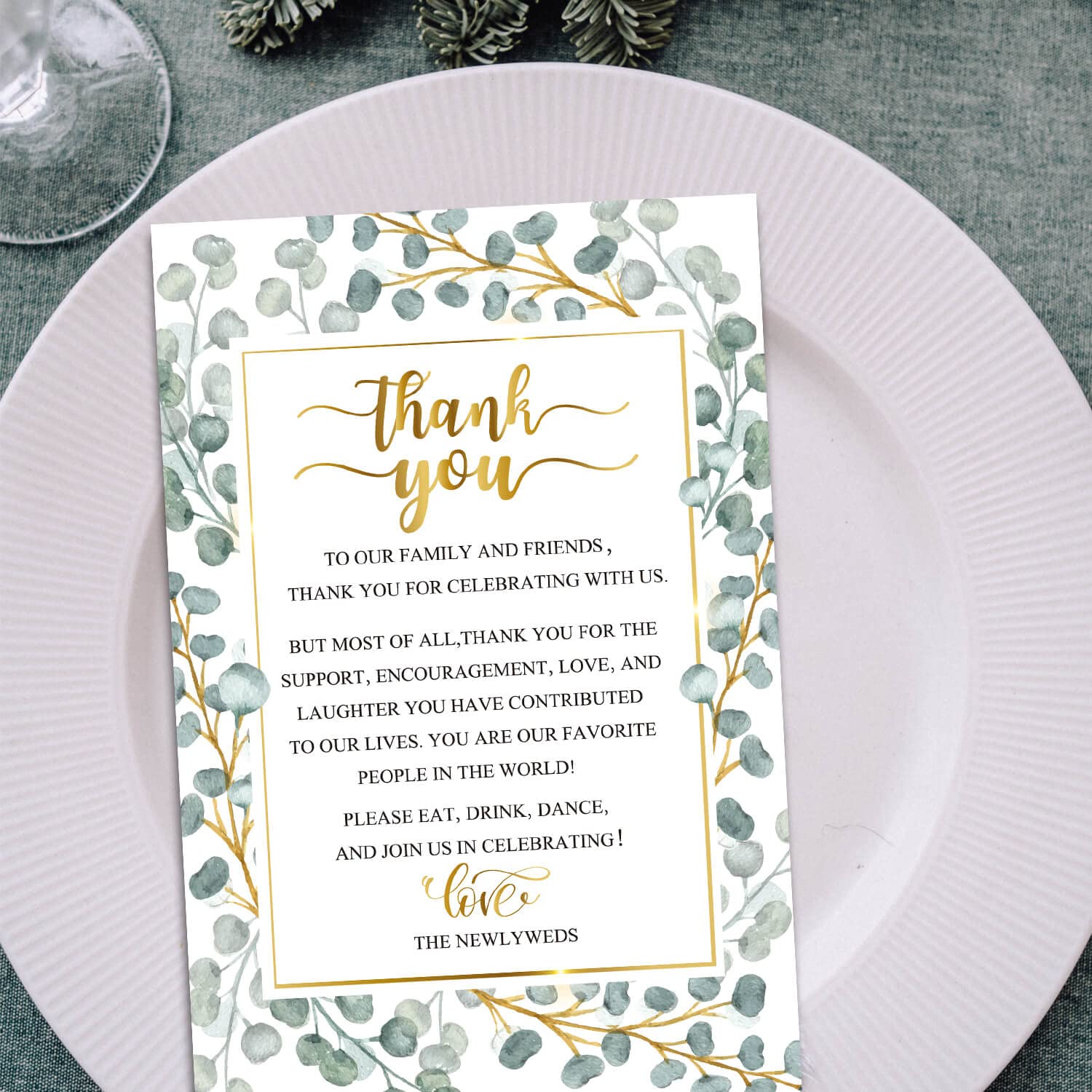 50 Thank You Place Cards - Greenery Watercolor Wedding, Rehearsal Dinner Thank You Table Sign - Menu Place Setting Card Notes, Wedding Table Decorations. 4 x 6 Inch