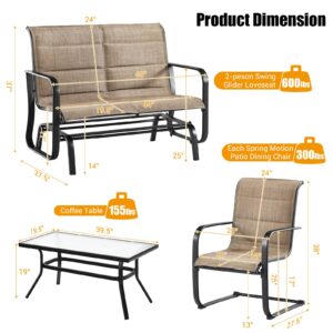 Tangkula 4 Pieces Outdoor Furniture Set, Patio Conversation Set with Coffee Table, 2-Person Swing Glider Loveseat and 2 Spring Motion Dining Chairs, Sectional Sofa Set with Cotton Padded (Brown)