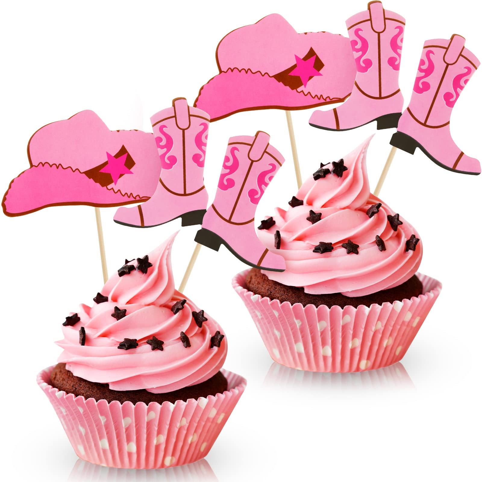 60 Pieces Cowboy or Cowgirl Hat and Boot Cupcake Toppers Western Birthday Cake Decorations Rodeo Cupcake Picks Baby Shower Toothpicks for Western Theme Party Favors Supplies (Pink)