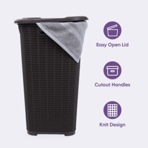 Plastic Laundry Hamper with Lid, Knit Designed Laundry Hamper Basket, 50 Liter Brown Cloths Hamper Organizer with Cut-out Handles. Space Saving for Laundry Room Bedroom Bathroom.