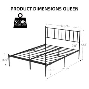 Amyove Queen Size Platform Bed with Metal Headboard, Bed Frame Mattress Foundation with Slat Support and 12.3" Storage Height No Box Spring Needed (Black + Metal, Queen)