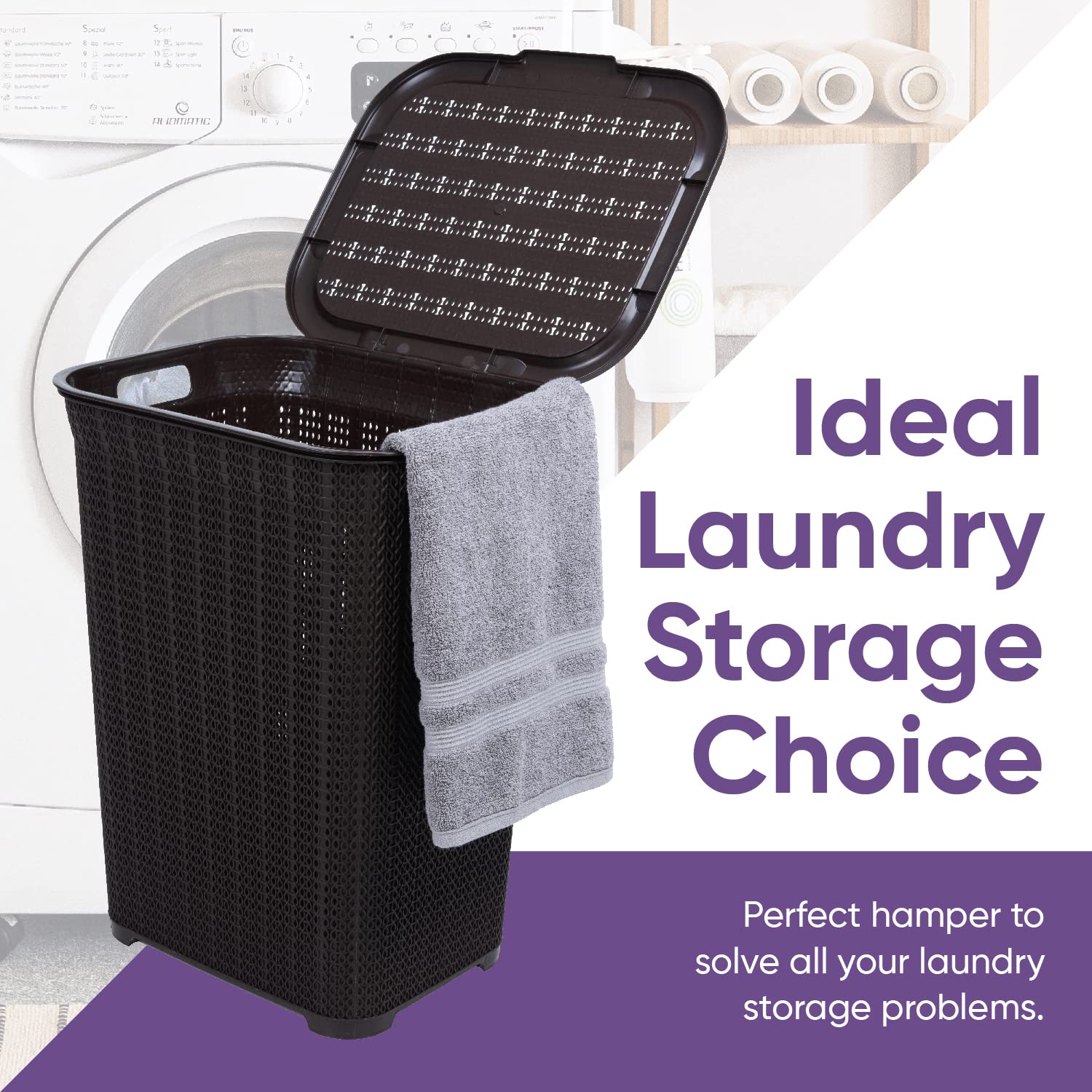 Plastic Laundry Hamper with Lid, Knit Designed Laundry Hamper Basket, 50 Liter Brown Cloths Hamper Organizer with Cut-out Handles. Space Saving for Laundry Room Bedroom Bathroom.