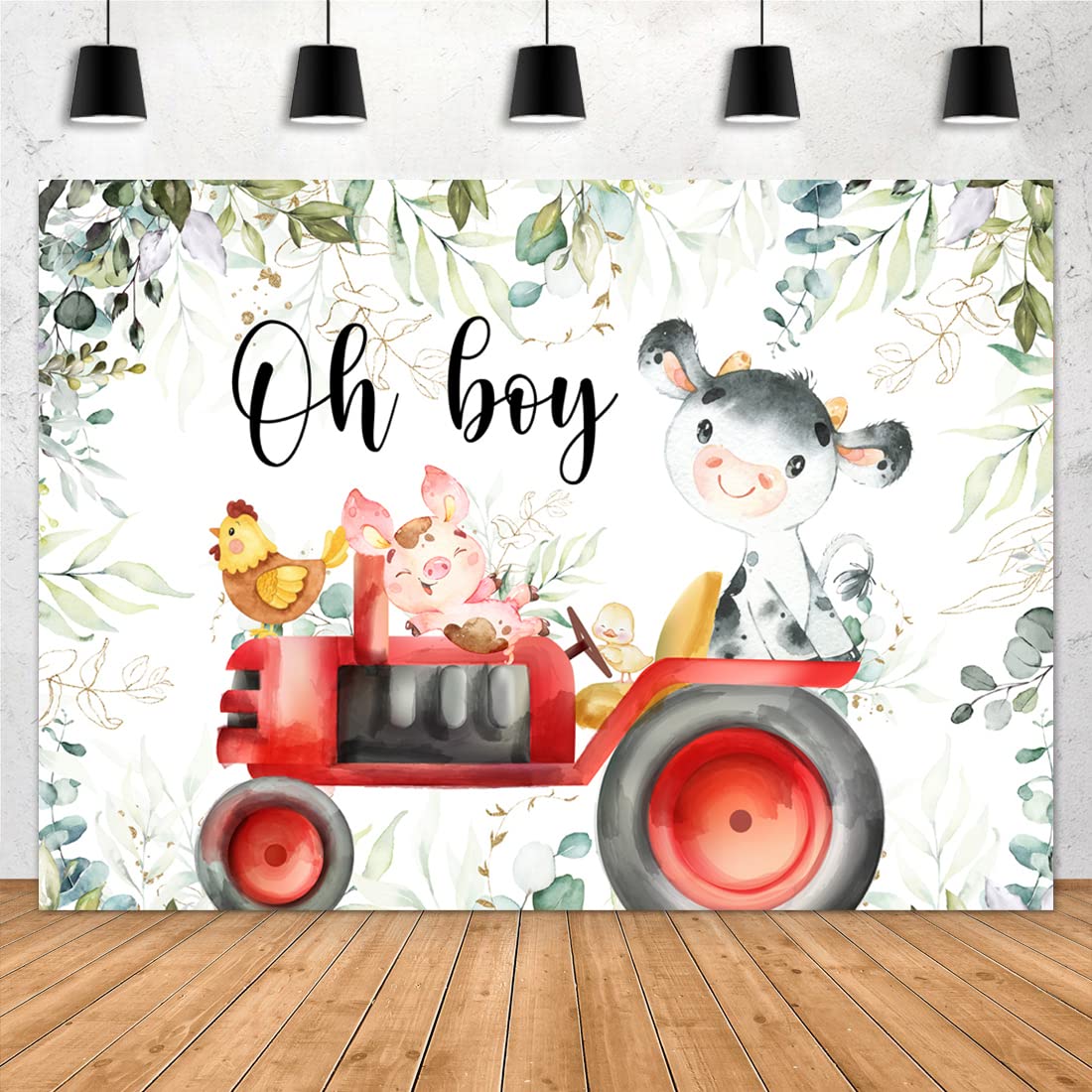 Aperturee Holy Cow Baby Shower Backdrop 7x5ft Greenery Farm Animals Tractor Oh Boy Eucalyptus Leaves Photography Background It's A Boy Party Decorations Photo Shoot Booth Props Banners