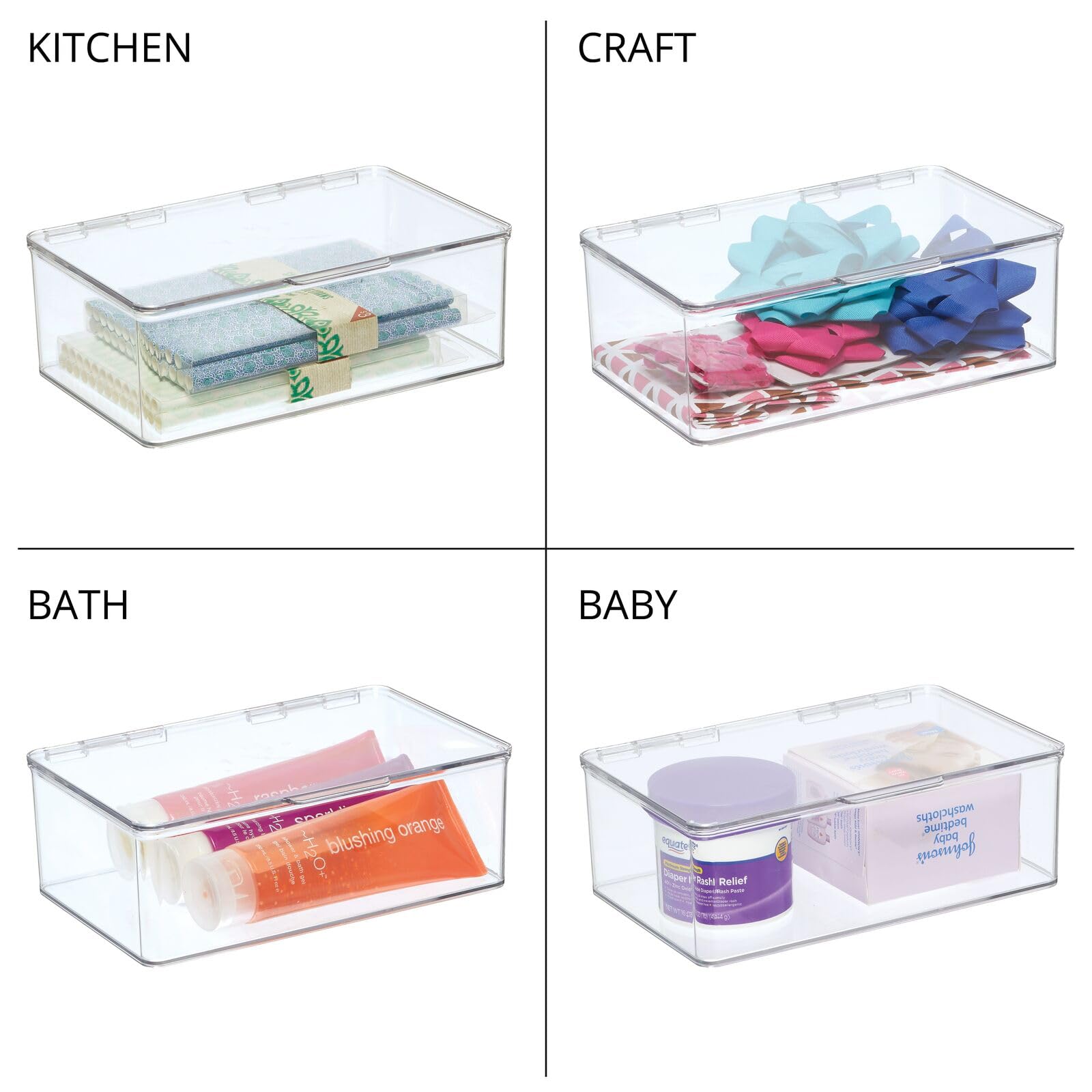 mDesign Plastic Bathroom Stackable Storage Box with Hinged Lid for Vanity/Countertop - Holds Soap, Body Wash, Shampoo, Lotion, Conditioner, Towels, Accessories, Body Spray, Mouthwash - 4 Pack - Clear