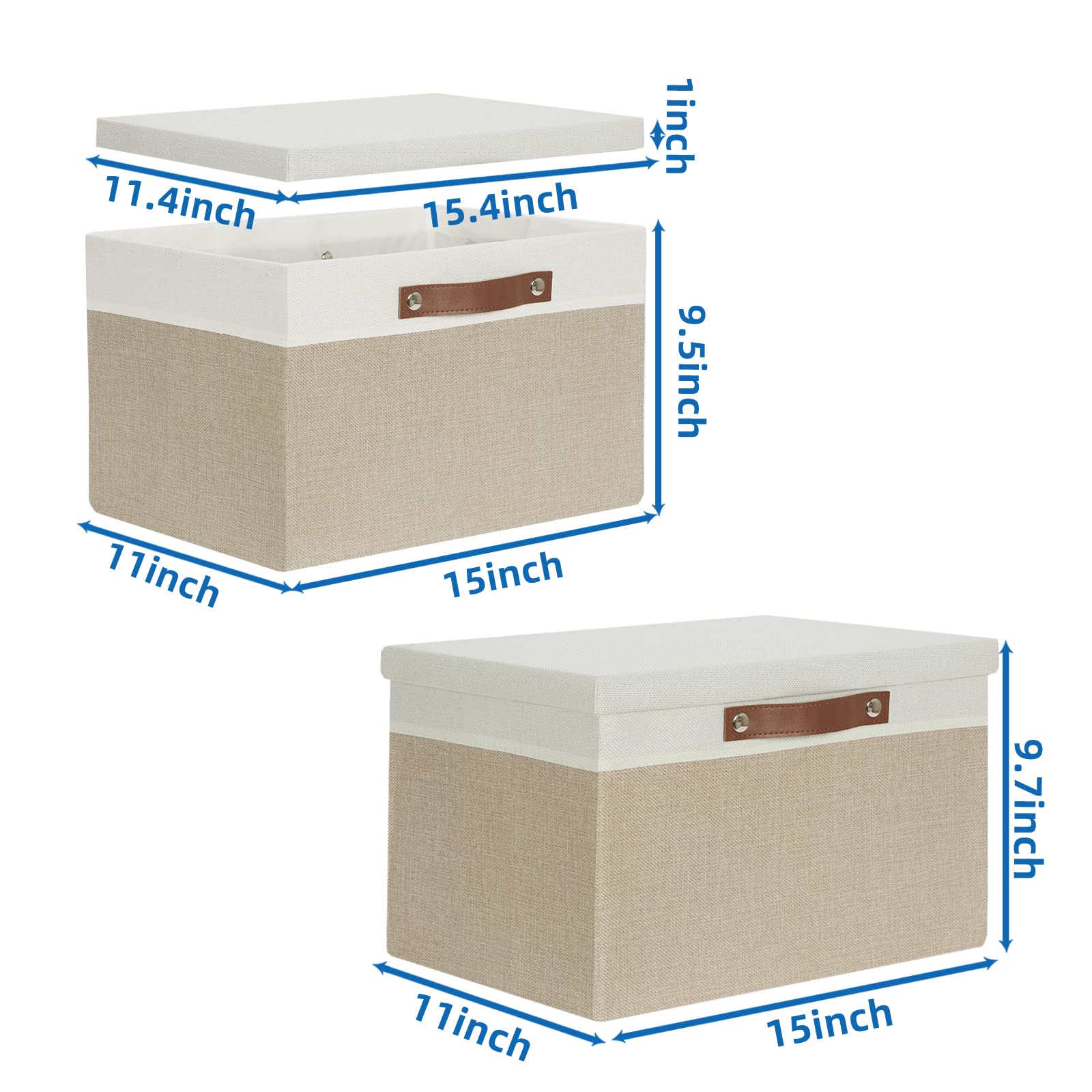 Temary Foldable Storage Bins with Lids, [2-Pack] Large Storage Baskets with Lid, Fabric Storage Bin for Organizing Home (White & Khaki, 15x11x9.5inch)