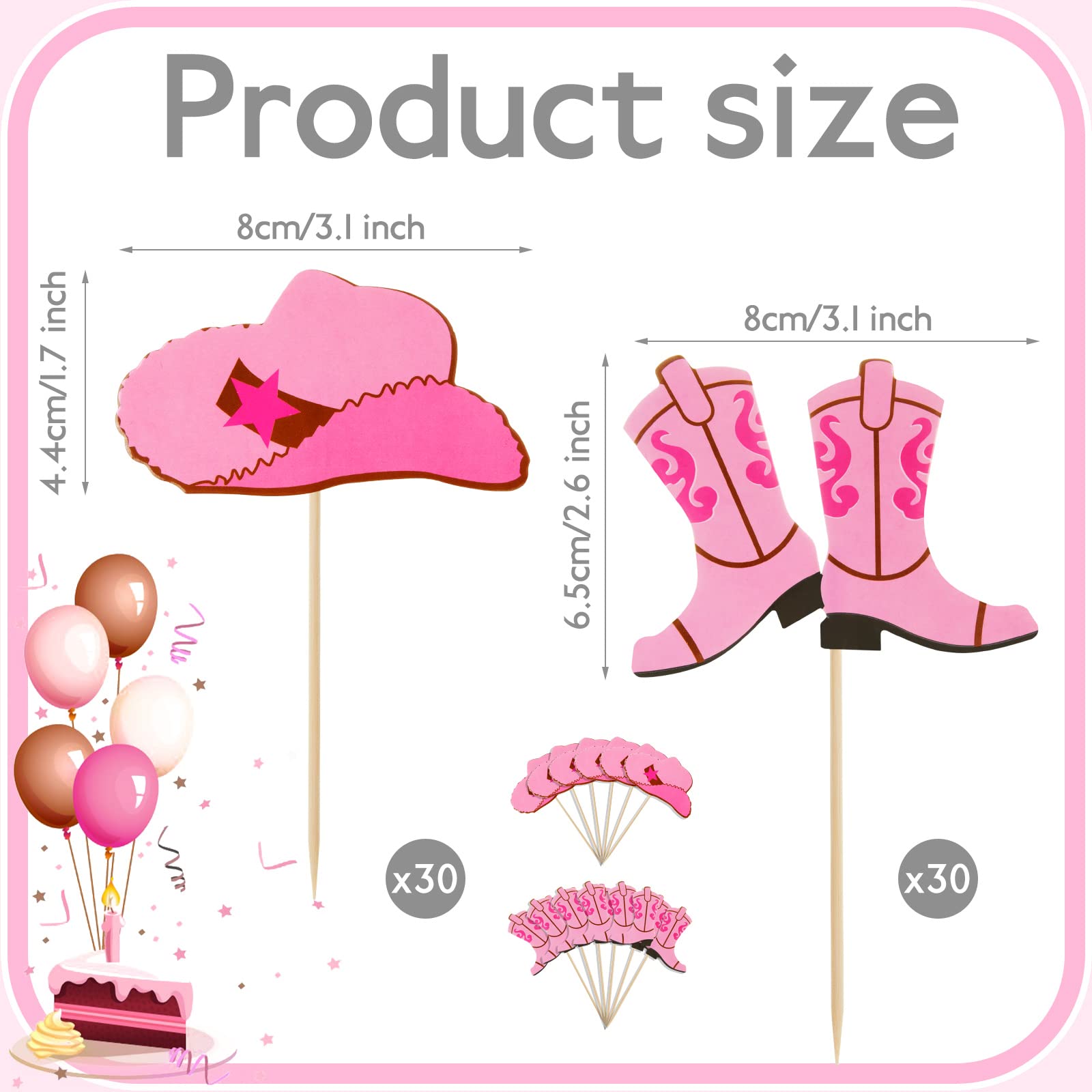 60 Pieces Cowboy or Cowgirl Hat and Boot Cupcake Toppers Western Birthday Cake Decorations Rodeo Cupcake Picks Baby Shower Toothpicks for Western Theme Party Favors Supplies (Pink)