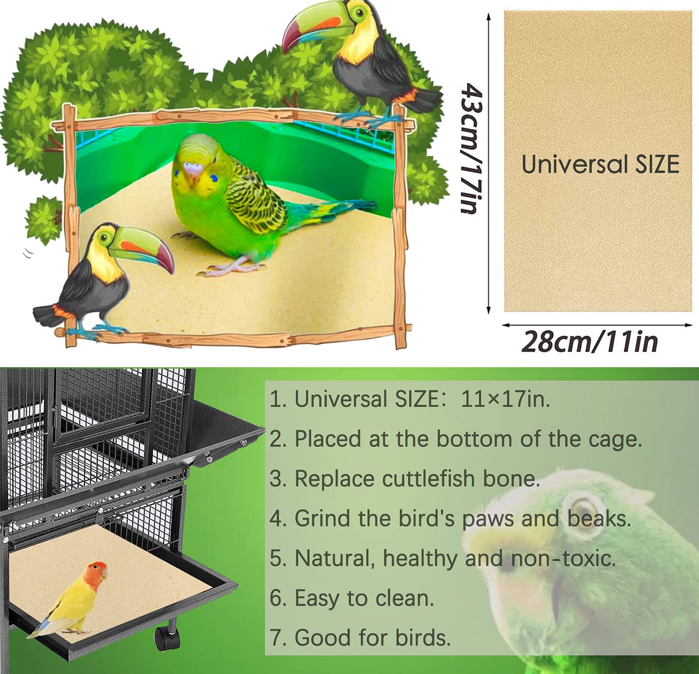 25PCS Gravel Paper for Bird Cage,11" x17" Bird cage Liner Gravel Paper Special for Bird Cage in sea Sand-Great for Hard-Billed Birds Safe& Clean & Easy for Improved Digestion…