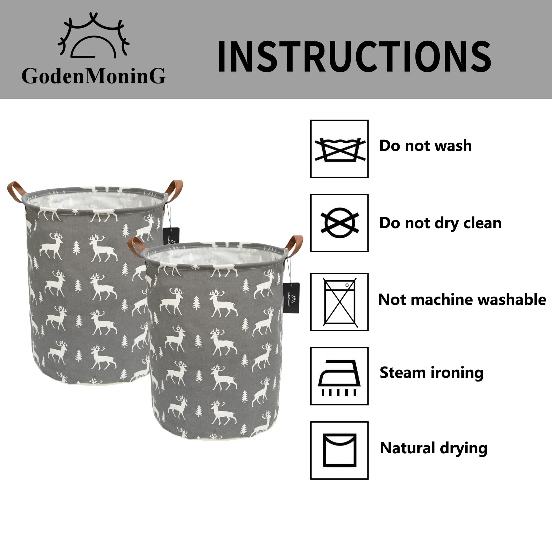 Collapsible Laundry Basket - GodenMoninG 2X 62.8L Large Sized Round Waterproof Storage Bin with Leather Handles,Home Decor,Toy Organizer,Children Nursery Hamper.（2 PACKS，Grey Deer X2）