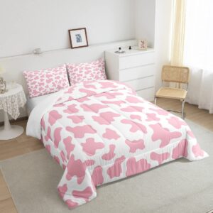 Kid Cartoon Bedding Set Pink Cow Print Duvet Insert Twin,Milk Cow Animal Cowhide Comforter Set Farm Animals Quilted Duvet for Toddler Teen Boys Girls Farmhouse Bull Cattle Kawaii Room Decor