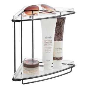 mDesign Steel/Plastic Freestanding Countertop Corner Shelf Organizer with 2-Tier Storage for Bathroom, Vanity, Cabinet, Counter - Holds Makeup, Bath Gel - Prism Collection - Clear/Matte Black